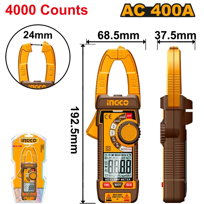 Ingco DC/AC Clamp Meter 400A 4000 Counts – DCM62006