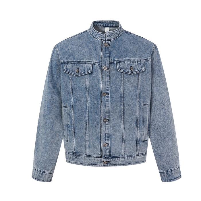 Men's medium blue washed denim stand collar trucker jacket, front and back view