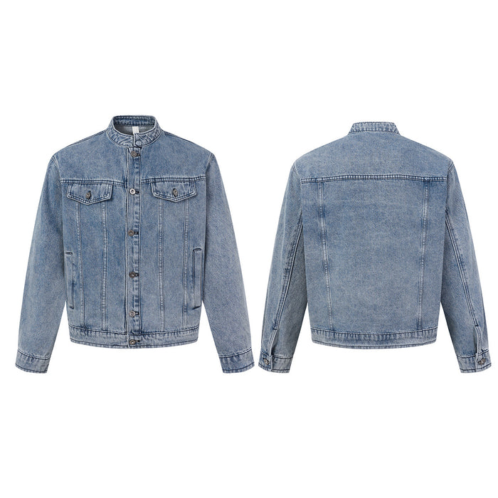 Washed blue denim stand-collar trucker jacket shown from the front and back with button closure and pockets