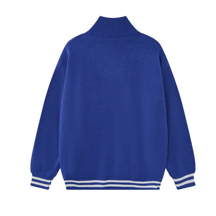 Back view of a blue knit zip-up jacket with a ribbed turtleneck collar, plain body, and striped hem and cuffs