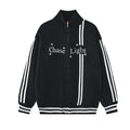 Front view of a black knit zip-up jacket with white sleeve stripes, ribbed trim, and Chase Light lettering