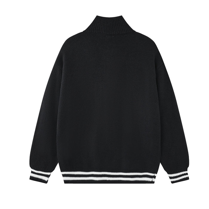 Back view of a black knit zip-up jacket with a plain body, ribbed turtleneck collar, and white striped hem and cuffs