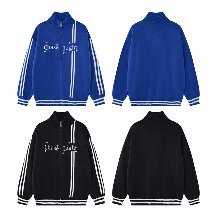 Four-view layout showing blue and black knit zip-up jackets from the front and back