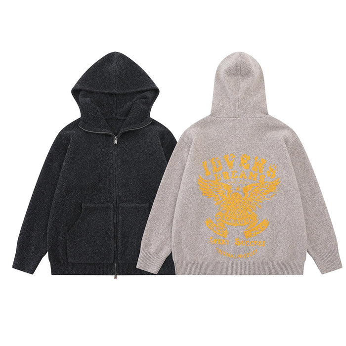 Black and light beige knit zip-up hoodies shown from front and back, with an eagle graphic on the beige back