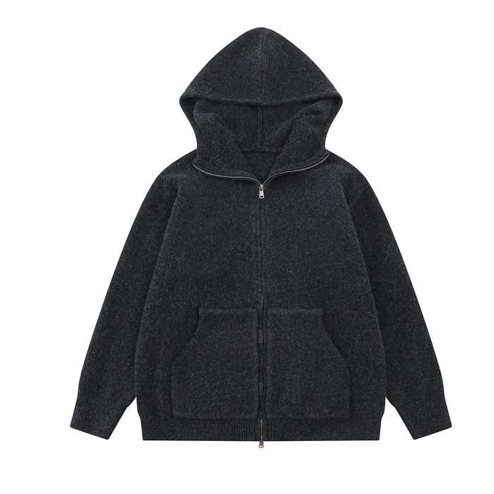 Black knit zip-up hoodie shown from the front with a hood, full zipper, and two front pockets