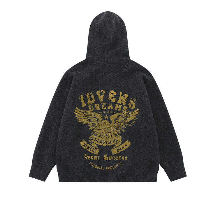 Black knit hoodie shown from the back with a large gold eagle graphic and decorative text