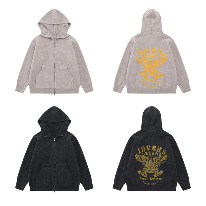 Four-view layout of light beige and black knit zip-up hoodies showing front and eagle-graphic backs