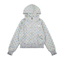 Grey heathered cropped zip-up hoodie with multicolor polka dot print, ruffle hem and cuffs, and kangaroo pockets