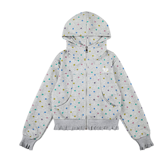 Grey heathered cropped zip-up hoodie with multicolor polka dot print, ruffle hem and cuffs, and kangaroo pockets