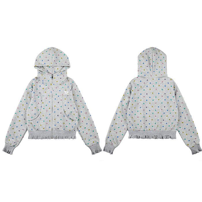 Grey cropped zip-up hoodie shown from the front and back with multicolor polka dots, hood, pockets, and ruffled hem