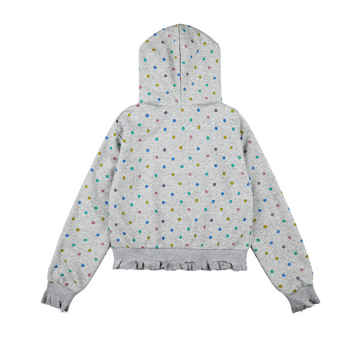 Back view of a grey cropped hoodie with multicolor polka dots, hood, long sleeves, and ruffled hem