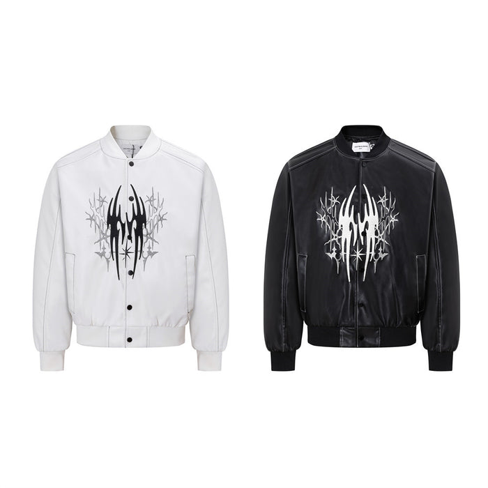 Front view of black and white PU bomber jackets with contrasting abstract tribal chest graphics