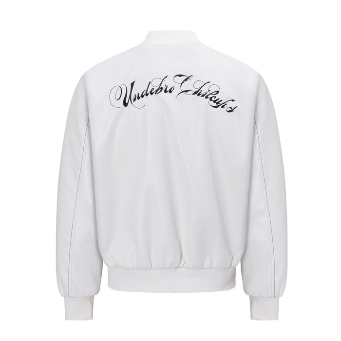 Back view of a white PU bomber jacket with large black cursive lettering across the shoulders