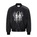 Front view of a black PU bomber jacket with white abstract tribal graphic, snap closure and side pockets