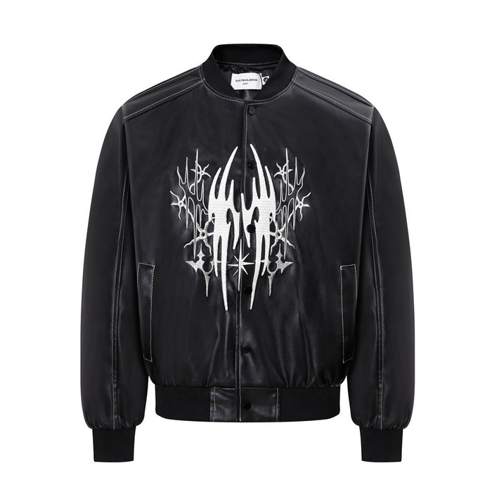 Front view of a black PU bomber jacket with white abstract tribal graphic, snap closure and side pockets