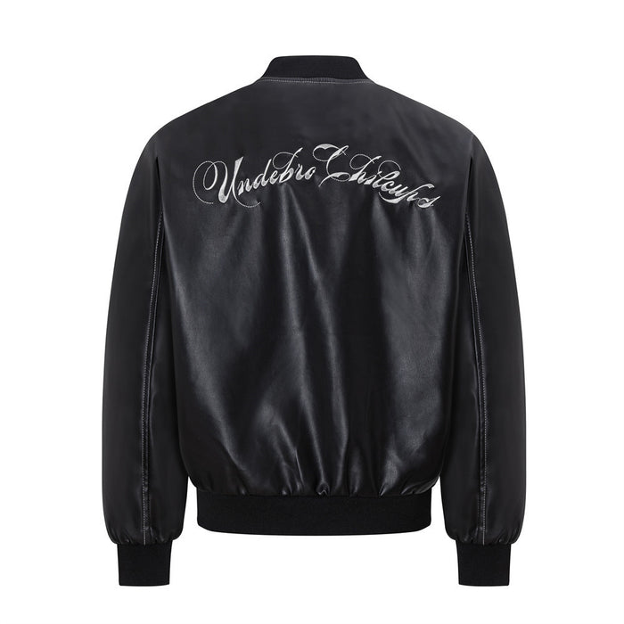 Back view of a black PU bomber jacket with large white cursive lettering across the shoulders