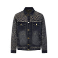 Men's dark indigo leopard jacquard denim trucker jacket with antique brass snap buttons, front and back view
