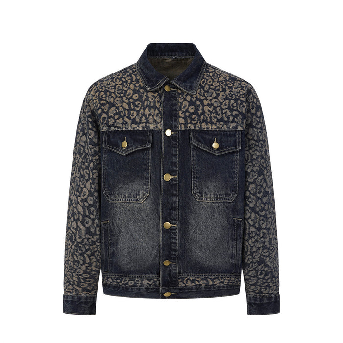 Men's dark indigo leopard jacquard denim trucker jacket with antique brass snap buttons, front and back view