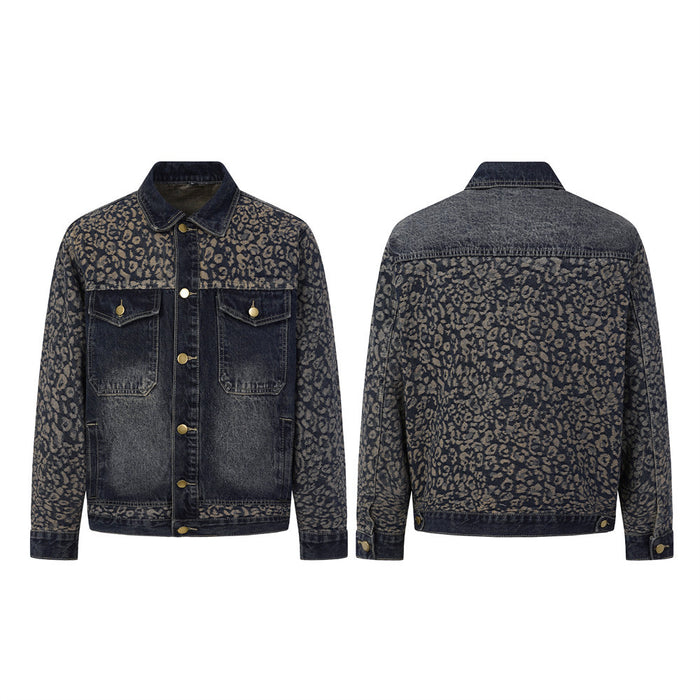 Leopard-patterned dark washed denim jacket shown in front and back views with brass buttons and chest pockets