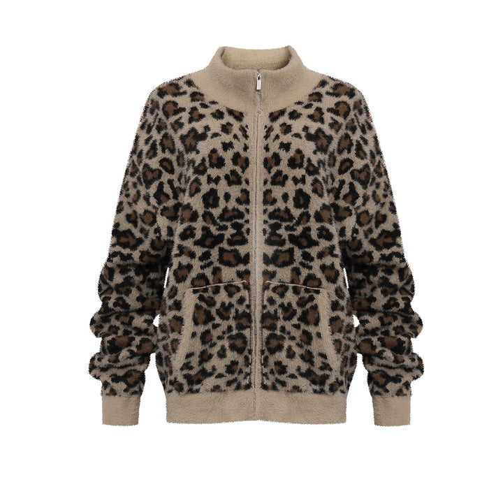Oversized leopard print fuzzy fleece zip-up jacket with mock neck collar and ribbed cuffs, shown front and back
