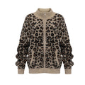 Oversized leopard print fuzzy fleece zip-up jacket with mock neck collar and ribbed cuffs, shown front and back