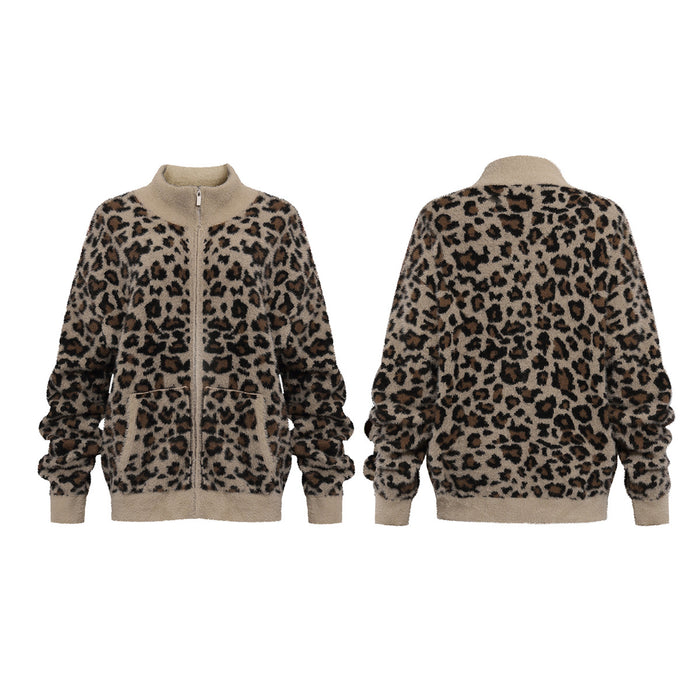 Front and back views of a taupe leopard print fuzzy zip-up jacket with ribbed trim and front pockets