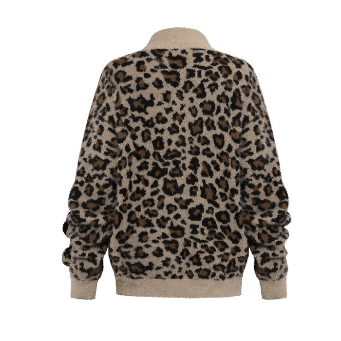 Back view of a taupe fuzzy jacket covered in black and brown leopard spots with ribbed collar, cuffs, and hem