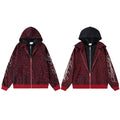 Red and black leopard-print zip-up hoodie jacket shown in two views with graphic sleeve detailing