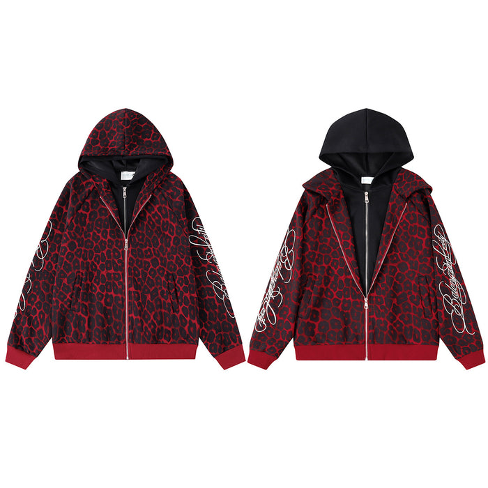 Red and black leopard-print zip-up hoodie jacket shown in two views with graphic sleeve detailing