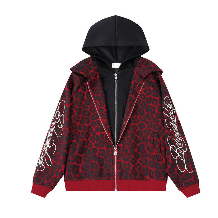 Front view of red and black leopard-print jacket with open zipper, black hood lining, and white sleeve graphics