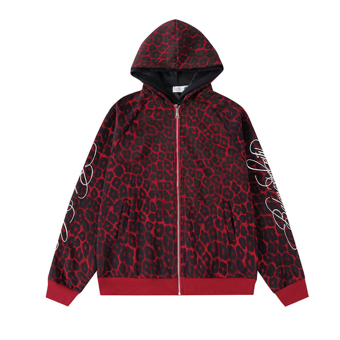 Front view of red and black leopard-print hoodie jacket fully zipped with hood raised and red ribbed trim