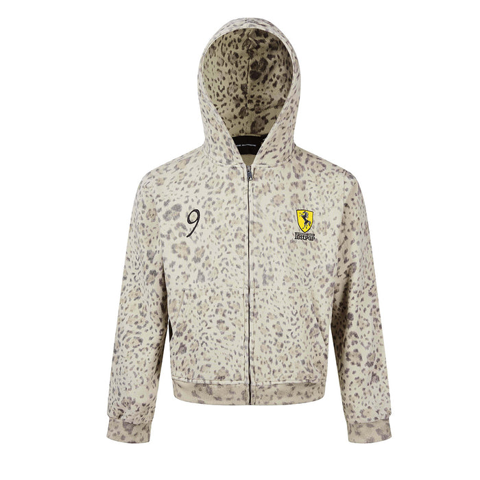 Oversized beige leopard print zip-up hoodie with embroidered shield badge and number 9 graphic, front view