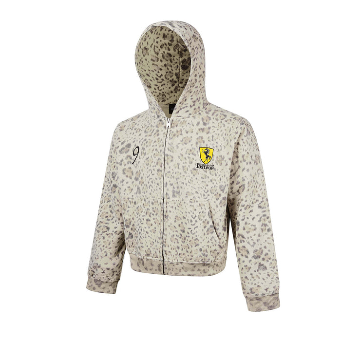 Front view of a beige leopard-print zip-up hoodie with hood, ribbed cuffs and hem, and chest graphics