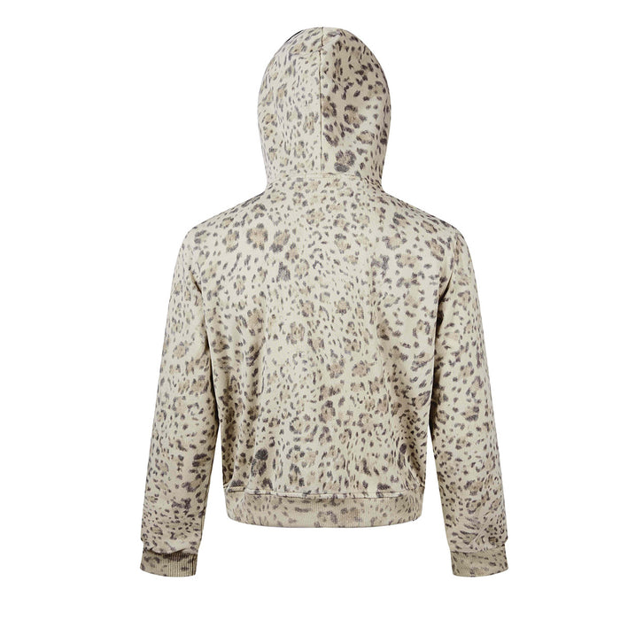 Back view of a beige leopard-print hoodie showing the full hood, sleeves, and ribbed waistband