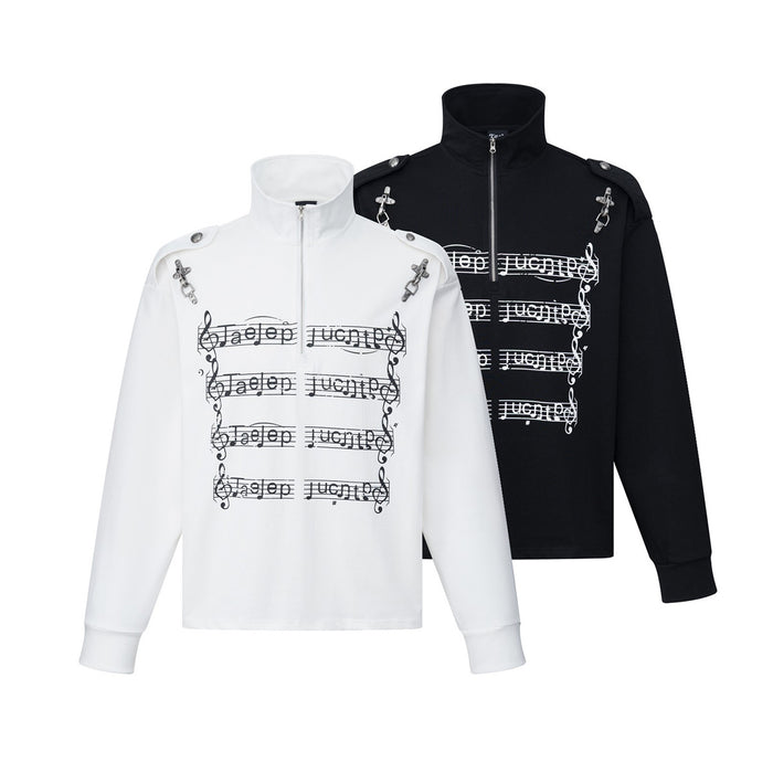 White and black stand-collar half-zip shirts with musical score graphics, shoulder details, and long sleeves