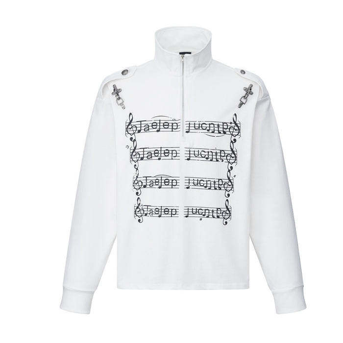White lightweight long sleeve shirt with music score graphic print, stand collar half-zip, and silver chain hardware on shoul