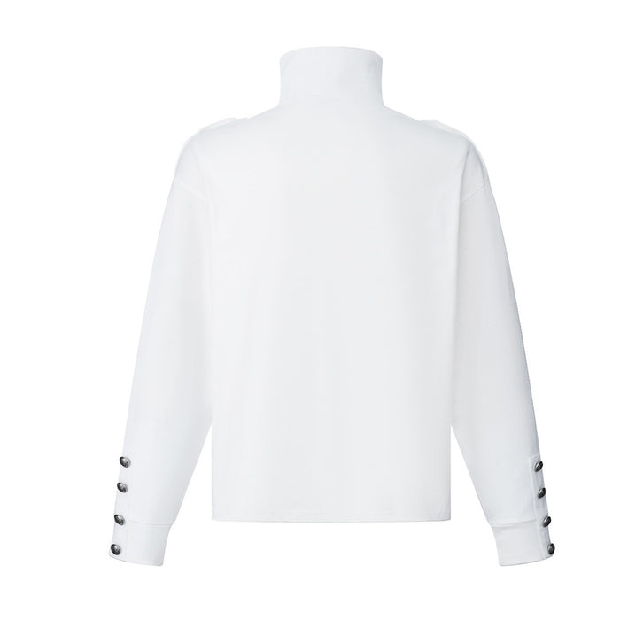 Back view of a plain white stand-collar shirt with long sleeves and buttoned cuffs