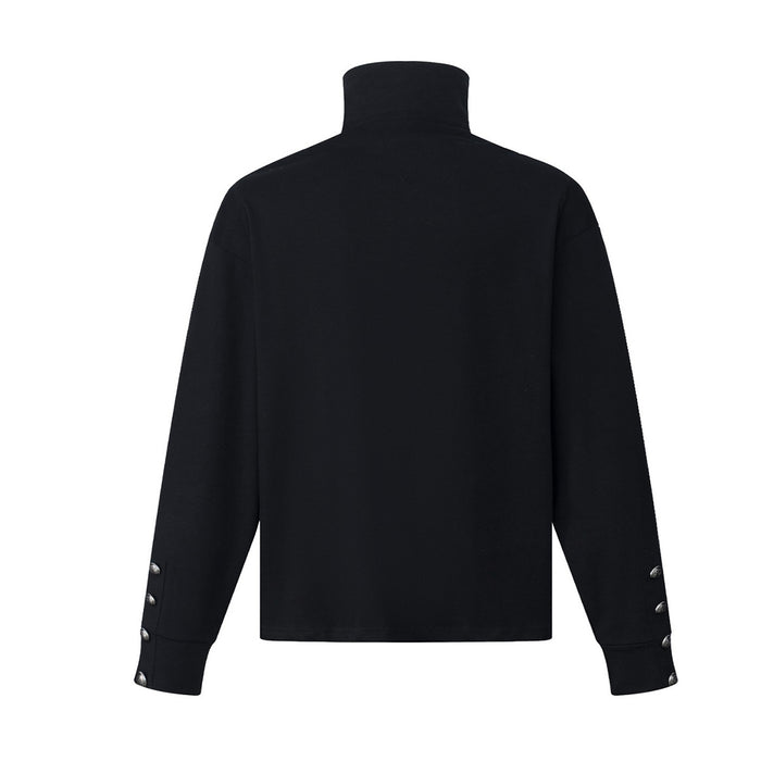 Back view of a plain black stand-collar shirt with long sleeves and buttoned cuffs