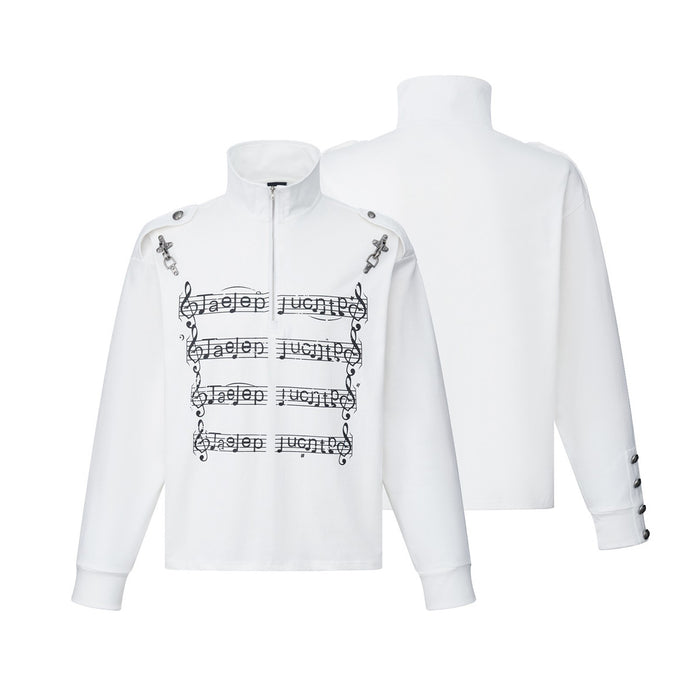 White musical score print shirt shown from the front beside its plain back view