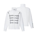 White musical score print shirt shown from the front beside its plain back view