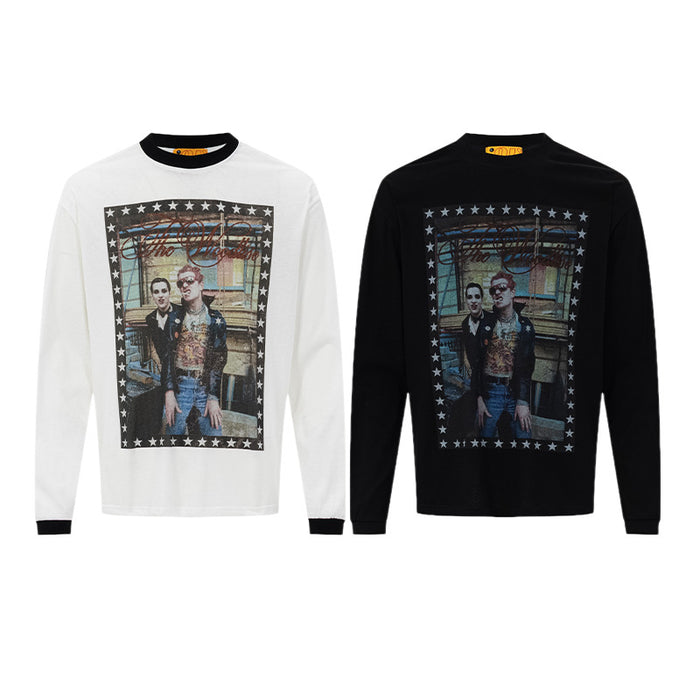 White and black long sleeve crew neck shirts with framed photo graphics and star borders, shown from the front
