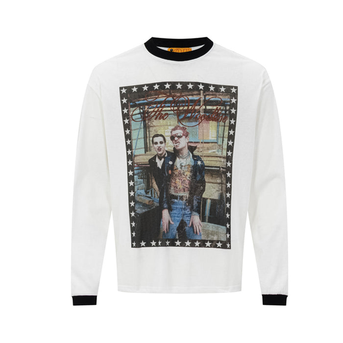 White long-sleeve crew neck graphic t-shirt with retro band photo print and star-border frame, contrast black ribbed collar a