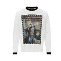 White long-sleeve crew neck graphic t-shirt with retro band photo print and star-border frame, contrast black ribbed collar a