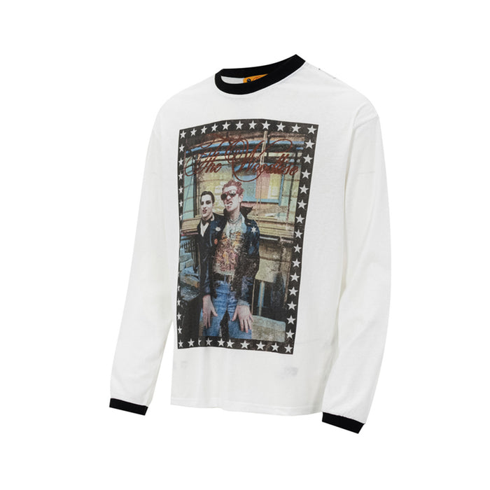 White long sleeve crew neck shirt shown at an angle with a framed photo graphic and star border