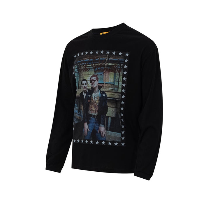 Black long sleeve shirt shown at an angle with a framed photo graphic bordered by white stars