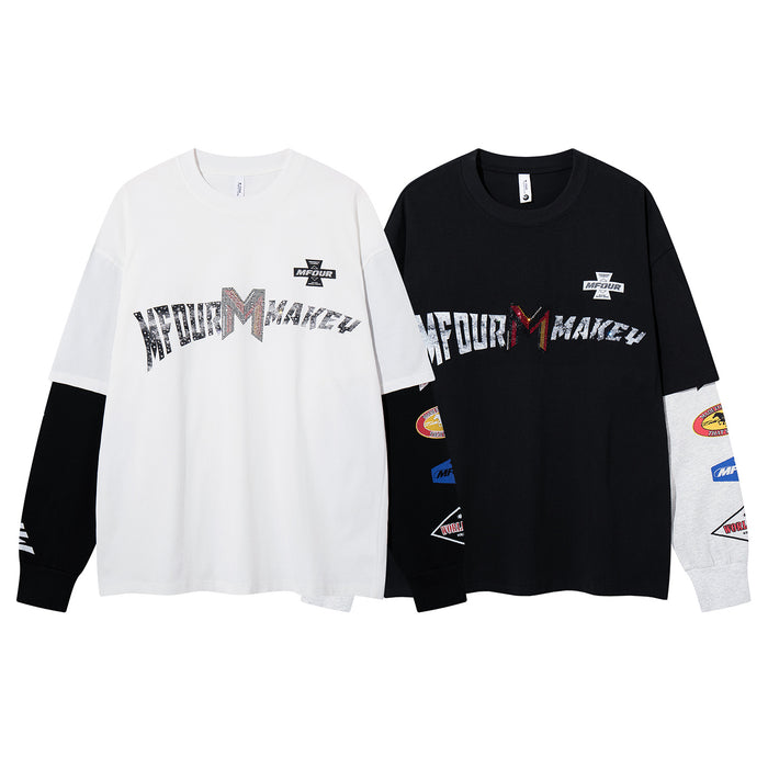 White and black long sleeve faux-layered shirts with distressed MFOUR MAKEY racing graphics