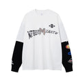 Front view of white long sleeve shirt with distressed MFOUR MAKEY racing chest graphic