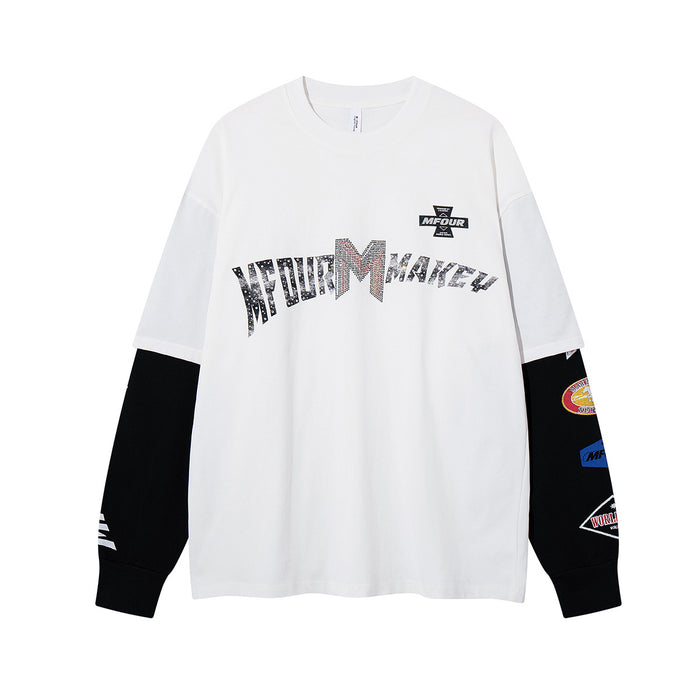 Front view of white long sleeve shirt with distressed MFOUR MAKEY racing chest graphic