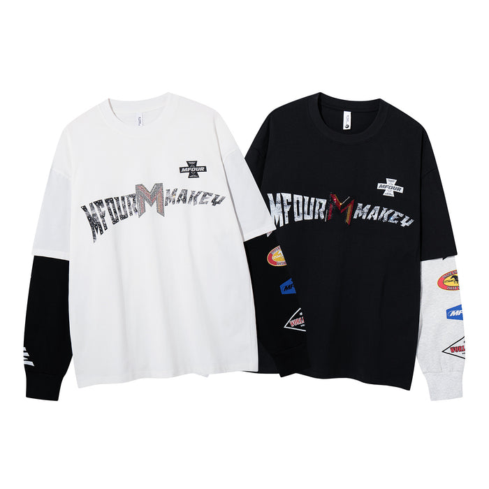 White and black faux-layered long sleeve shirts shown together with racing graphics