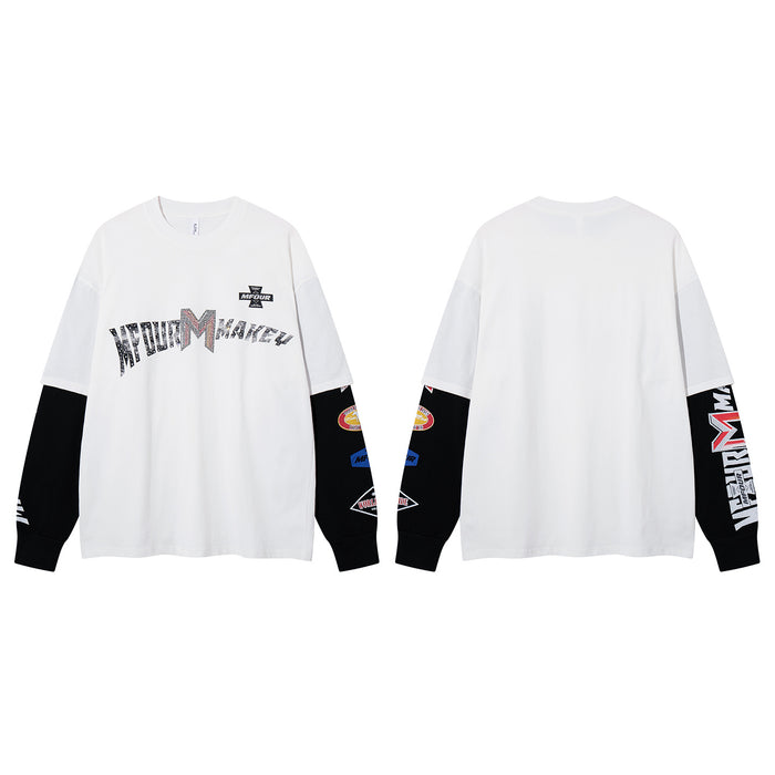 White faux-layered shirt shown from the front and back with black graphic sleeves